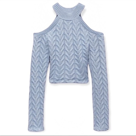 Zara Baby Blue Cable Knit Cold Shoulder Cut Out Mock Neck Sweater NWT - Picture 7 of 7